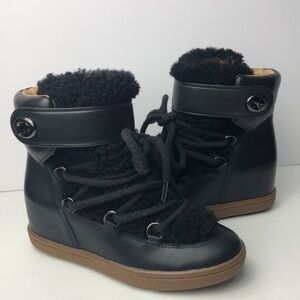 Coach Monroe Black Leather Shearling Ankle Wedge Boots 6